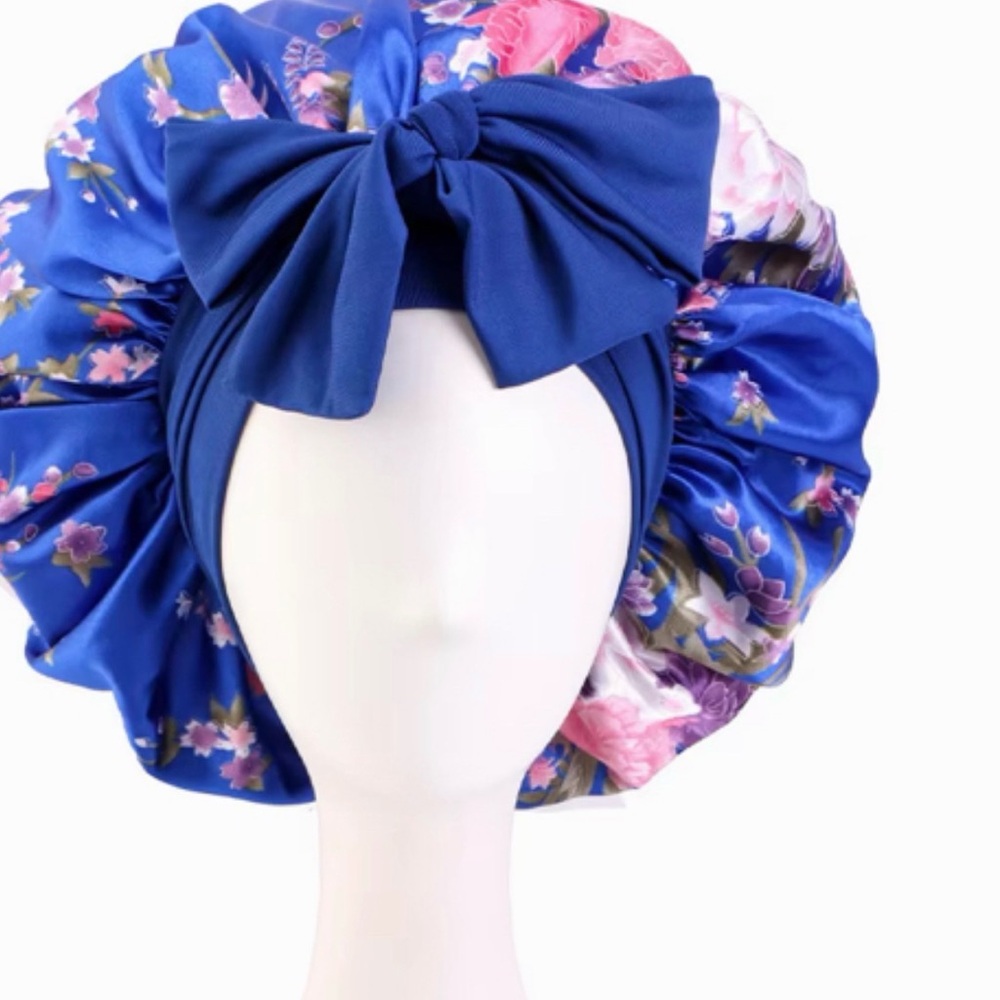 Floral Blue Satin Bonnet with Bow